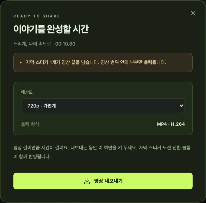 내보내기 대화상자 ‘이야기를 완성할 시간’. 자막·스티커 1개가 영상 끝을 넘는다는 점검 메시지, 해상도 720p 선택, 출력 형식 MP4 · H.264, ‘영상 내보내기’ 버튼.