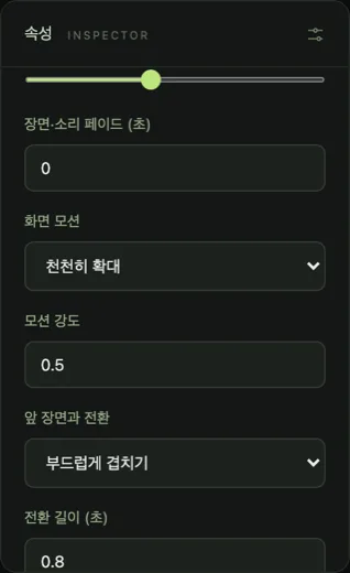 속성 패널. 장면·소리 페이드 0, 화면 모션 ‘천천히 확대’, 모션 강도 0.5, 앞 장면과 전환 ‘부드럽게 겹치기’, 전환 길이 0.8초.